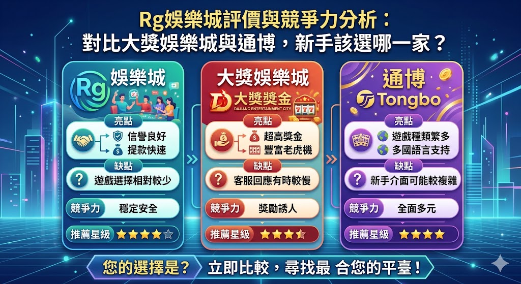 Rg娛樂城評價與競爭力分析：對比大獎娛樂城與通博，新手該選哪一家？